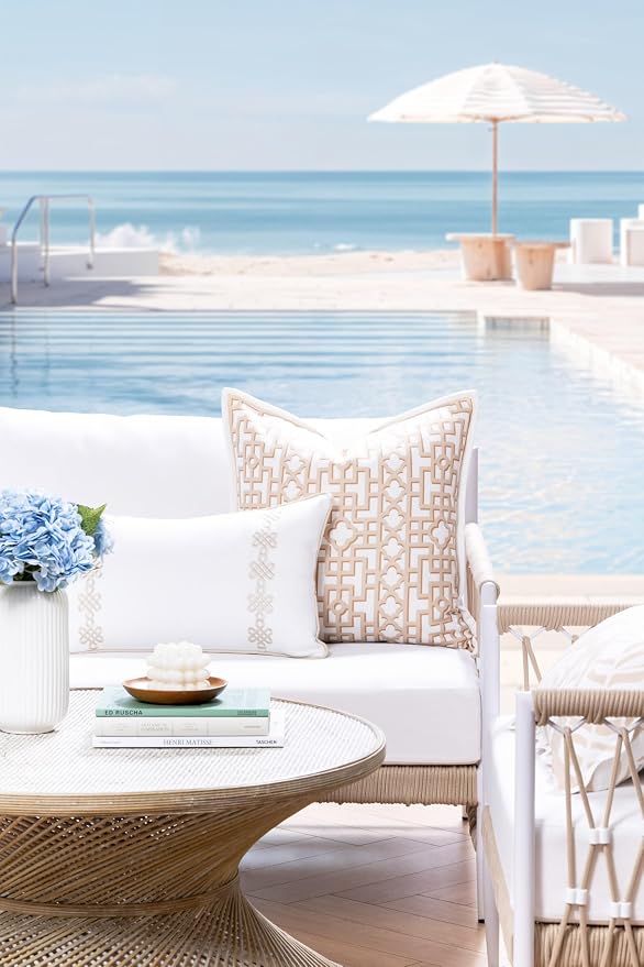 Hofdeco Premium Coastal Hampton Patio Indoor Outdoor Throw Pillow Cover Only, 20"x20" Water Repellent for Backyard, Couch, Poolside, Neutral Tan Print Fretwork Trellised Screen