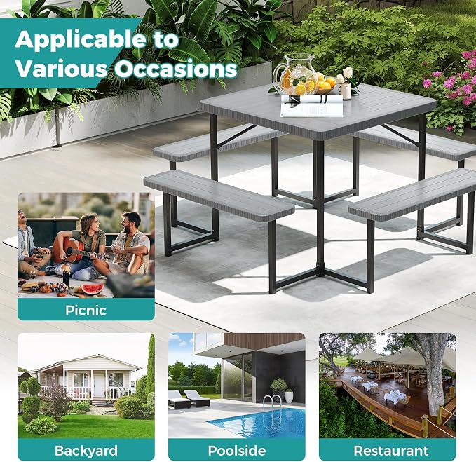 Byroce Outdoor Picnic Table for 4-8 Person, HDPE Picnic Camping Table Set with 4 Benches, Umbrella Hole & Metal Frame, Heavy Duty Square Dining Table Chairs for BBQ in Patio, Yard & Poolside (Gray)