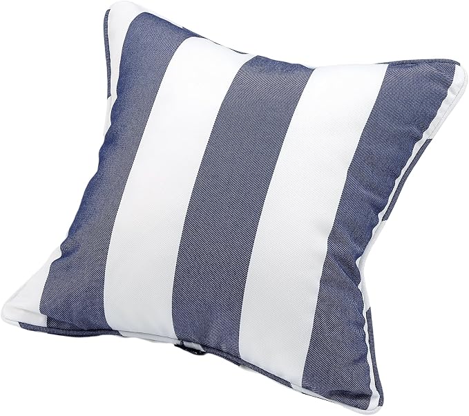 Outdoor Throw Pillow with Insert 18x18 Inch, Set of 2, Piping Edge Waterproof Fade Resistant Decorative Fluffy Pillows for Patio Furniture Chair Bench Couch Sofa - Navy White Striped
