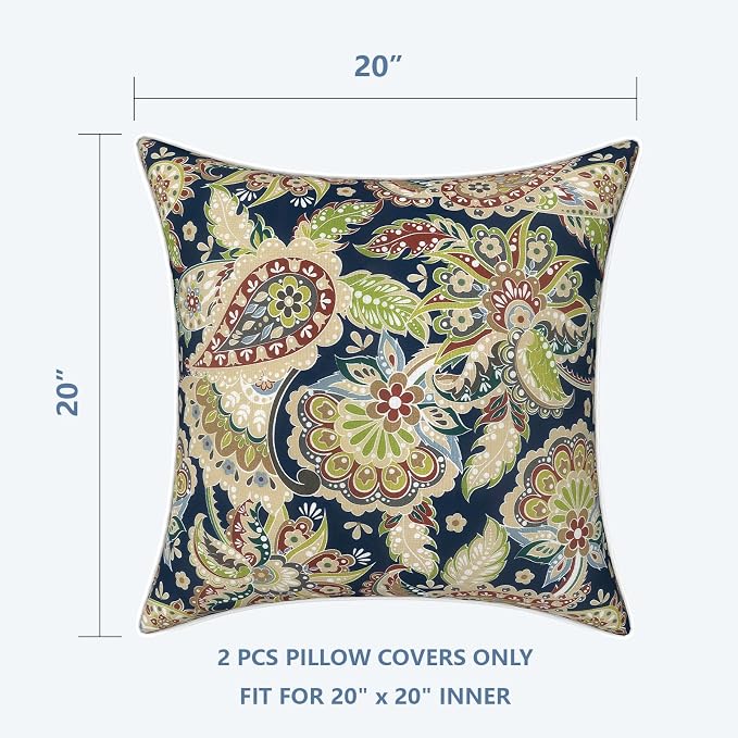 LVTXIII Outdoor/Indoor Pillow Covers, Patio Fade Resistant Throw Pillow Covers ONLY, Waterproof Farmhouse Accent Cushion Cases for Sofa Patio Couch Decoration 20"x20" Set of 2, Paisley Sapphire Blue