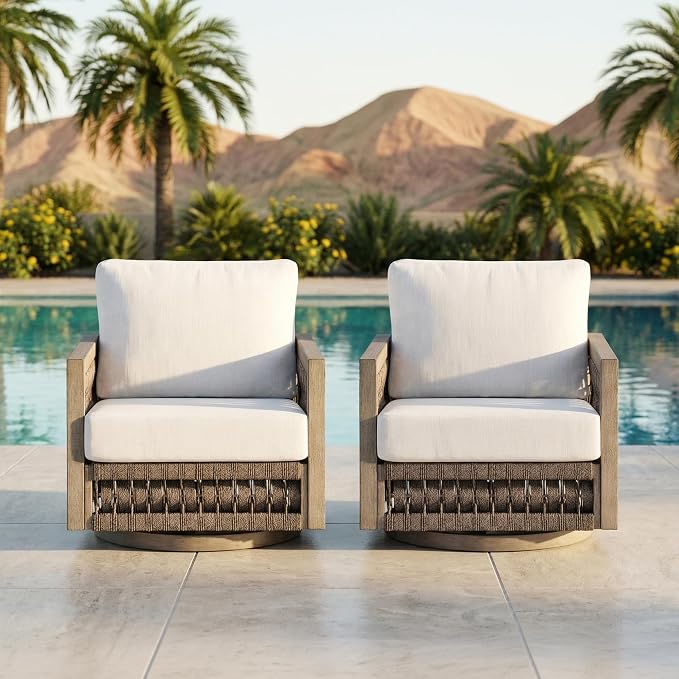 2 Pieces Patio Swivel Chair, Rope Weave Outdoor Chair with Widened Armrests & Thick Cushions, All-Weather Never-Rust Aluminum Deep Seating Armchair for Garden, Porch, Deck, Gray Oak