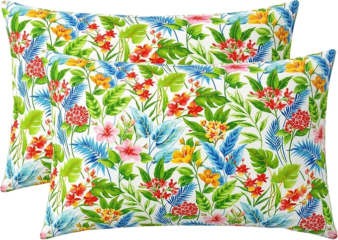 RSH DECOR: Lumbar Throw Pillows Set of 2 | 20” x 12" | All-Weather Spun Fabric | Outdoor Support Pillows for Patio Furniture | Made in USA (Carena Multi)