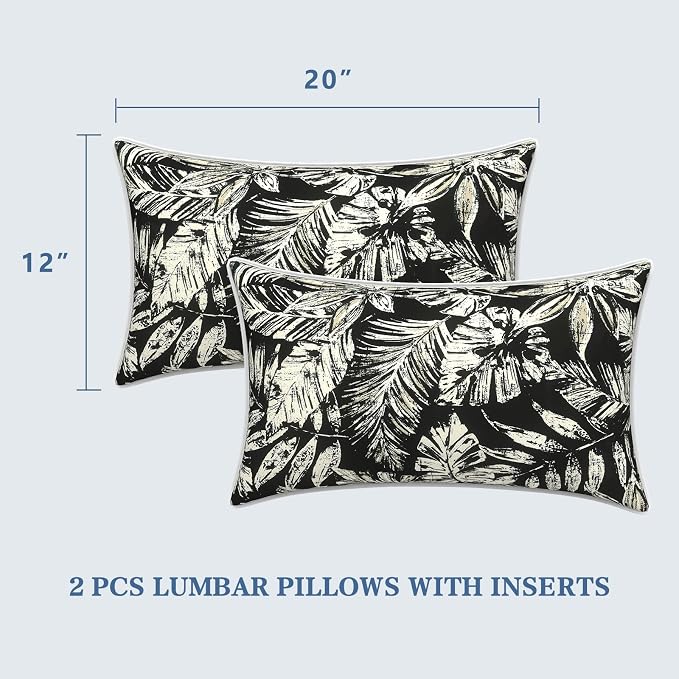 LVTXIII 2 Pack Outdoor Lumbar Pillows 12x20 Inch with White Piping, Fade Resistant Support Throw Pillows with Inserts for Patio Furniture, Sofa, Chair, Tropical Leaf Black