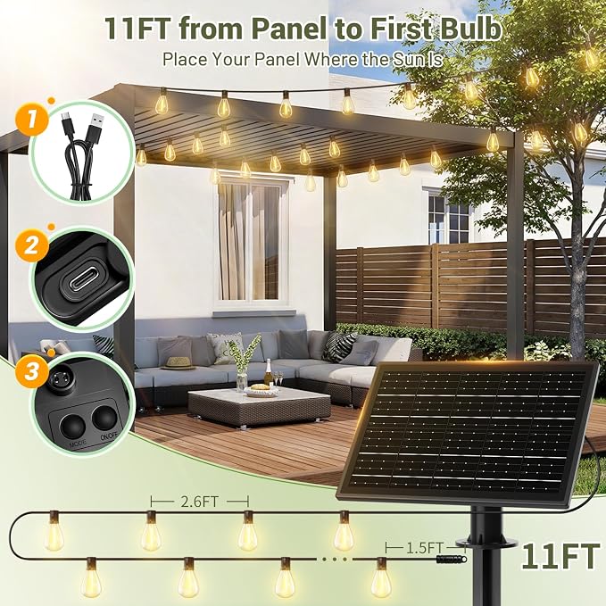 200FT Solar String Lights Outdoor Waterproof 72+2 LED Bulbs, Solar Powered with Remote & USB Port, 3 Light Modes Dimmable Patio Lights for Large Backyard, Garden, Party