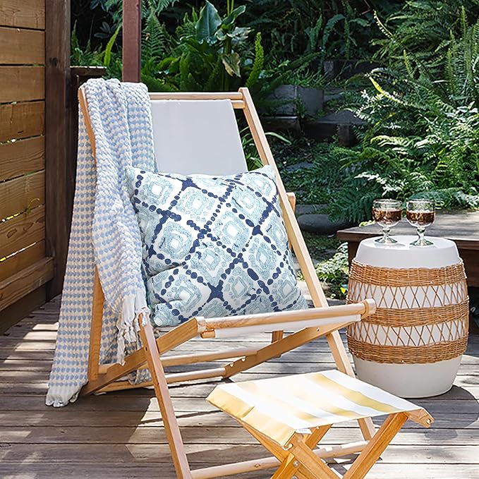 Outdoor Pillows for Patio Furniture 18x18 inch, Square Outdoor Throw Pillows with Inserts, Decorative Toss Pillows for Garden Couch Home Sofa Office Chair, Pack of 2, Boho Geometry Blue