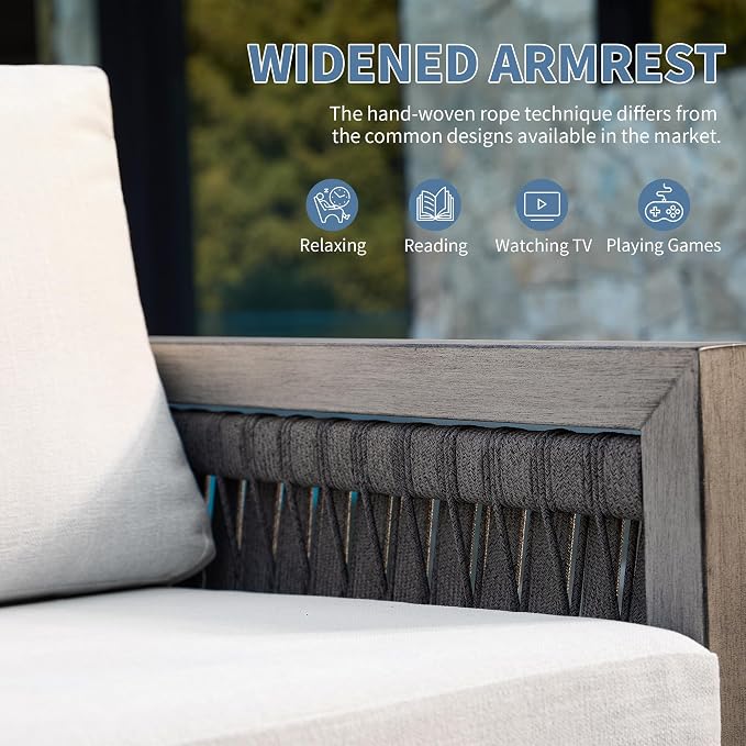 3 Pieces Patio Furniture Set, Outdoor Patio Sofa Set with 2 Armchair & Side Table, All-Weather Aluminum Garden Outdoor Contemporary Sofa Chair with Cushion for Porch Yard Deck, Gray Oak