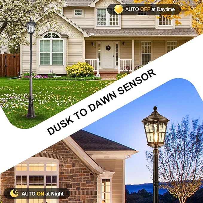 Dusk to Dawn Outdoor Post Lights with Outlet, Waterproof Outside Pole Light with Water Ripple Glass, Exterior Vintage Black Street Lamp Fixtures for Garden, Pathway, Yard