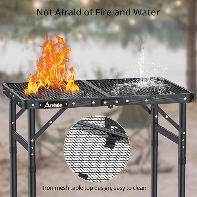 Anbte Folding Grill Table, Aluminum Camping Table Adjustable Height Max 27.5" Picnic Table Outdoor Table, Lightweight, Portable Handle for Travel Cooking BBQ Picnic, 22.8" x 16", Black