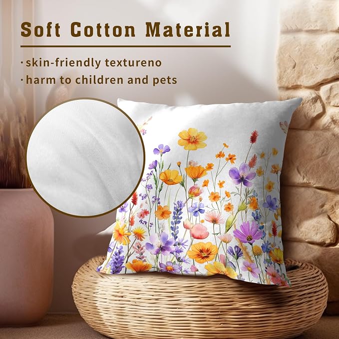 Watercolor Wildflowers Throw Pillow Covers 22x22 Inch Pack of 2, Orange Purple Floral Leaves Spring Summer Seasonal Square Cotton Pillowcases for Couch Sofa Garden Outdoor Decor