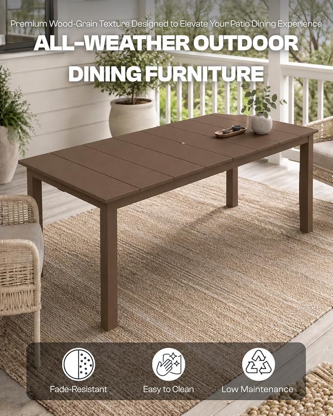75.2" HDPE Outdoor Dining Table for 4-6 People, Rectangular Patio Dining Table with Umbrella Hole, All Weather Patio Dining Outdoor Table for Deck, Backyard and Garden, Brown