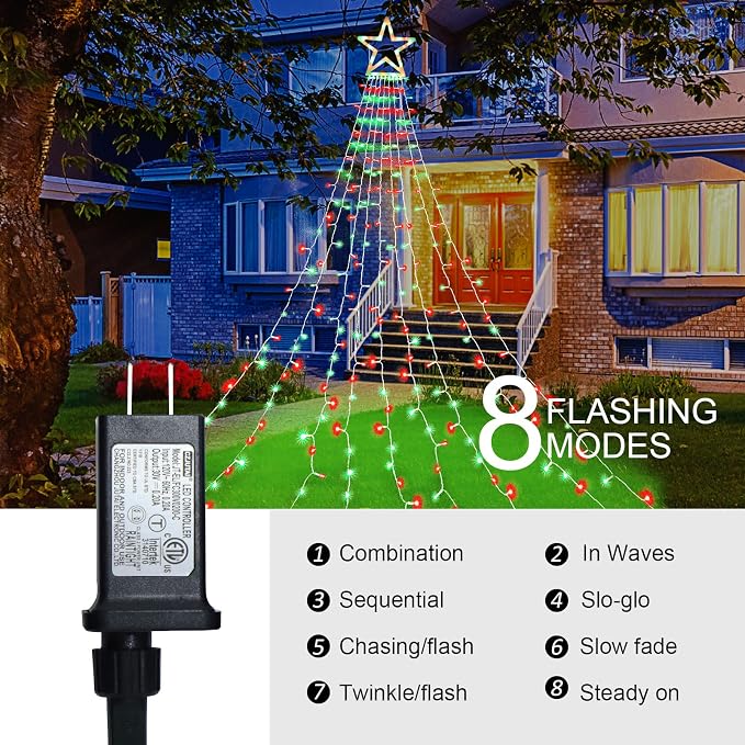 Christmas Lights Outdoor, 320 LED 8 Light Modes Outdoor Christmas Decorations, Plug-in Waterproof Christmas String Lights for Yard, Garden, Party, Holiday, Xmas Decor - Red & Green