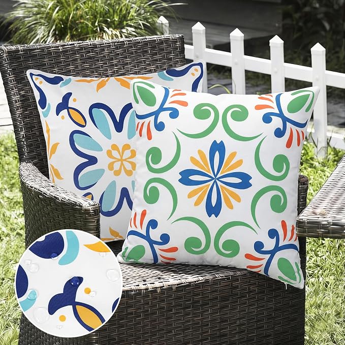 Merrycolor Summer Outdoor Waterproof Throw Pillow Covers 18x18Inch Set of 4 Boho Farmhouse Decorative Pillowcases Print Flowers Accent Cushion Covers for Couch Patio Swing and Garden Sofa Blue Green