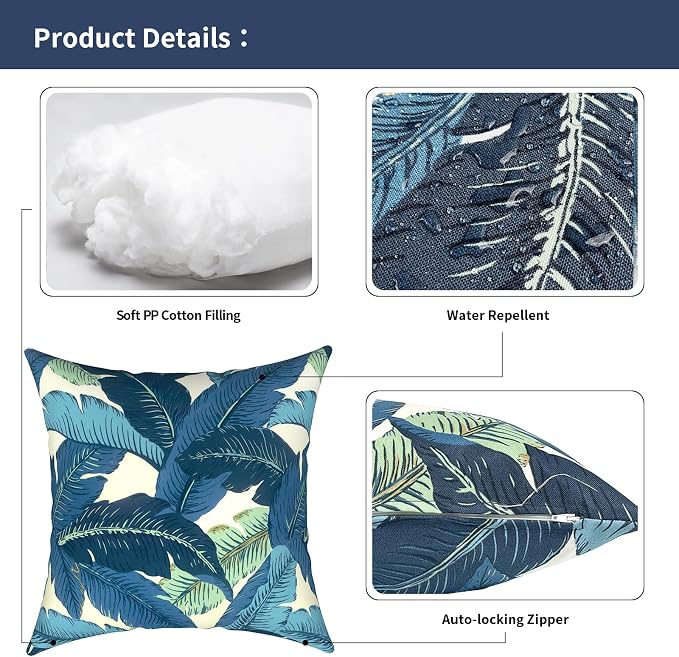 Outdoor Pillows for Patio Furniture 18x18 inch, Square Outdoor Throw Pillows with Inserts, Decorative Toss Pillows for Garden Couch Home Sofa Office Chair, Pack of 2, Swaying Palms Blue