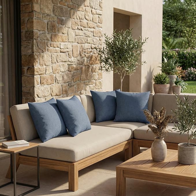 RSH DECOR: Sunbrella Square Throw Pillows Set of 4 | 17" x 17" | Water and Fade-Resistant Performance Fabric | Outdoor Pillow Covers with Down-Alternative Inserts | Made in USA (Sparkle Denim)