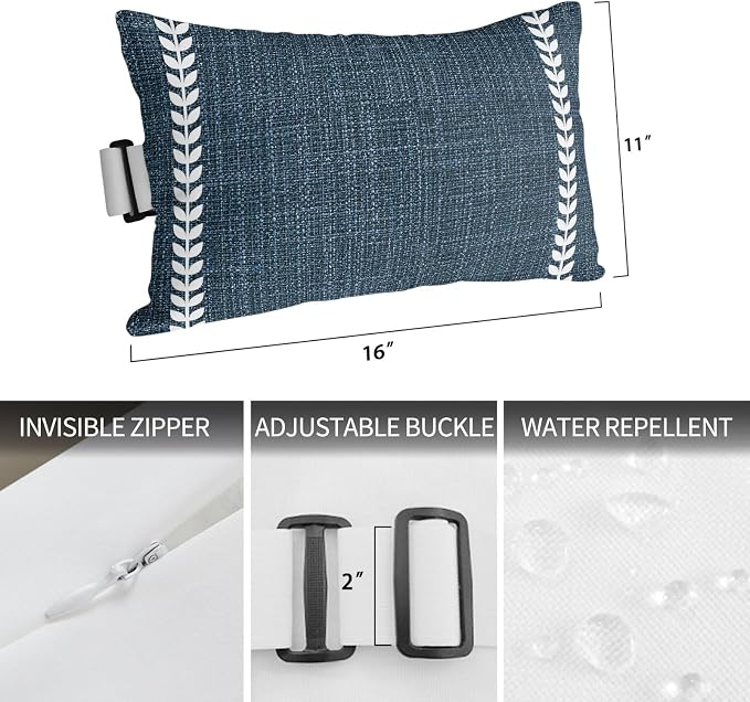 Navy Blue Outdoor Lumbar Pillows 11x16 Set of 2, Traditional Rustic Minimalist Striped Pattern Waterproof Throw Pillow Covers with Insert, Decorative Pillowcase Cushion for Couch Sofa Bed