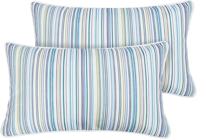 Lumbar Pillow Covers Set of 2, Outdoor Indoor Waterproof Decorative Patio Lumbar Pillowcase Shell 12x20 Inch, Rectangular Cushion Case for Couch Sofa Garden Farmhouse-Blue Stripe