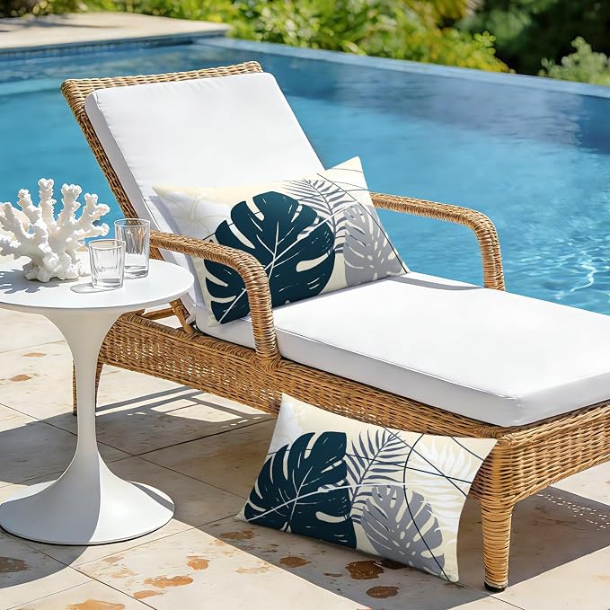 OTOSTAR Outdoor Waterproof Throw Pillow Covers 12x20 Inch Set of 2 Double-Sided Dark Blue Grey Tropical Leaf and Flower Spring Summer Decorative Pillow Cases for Patio Funiture Garden Balcony Couch