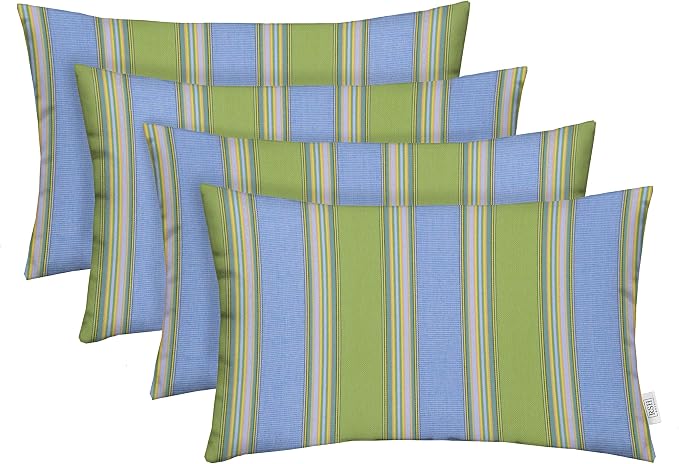 RSH DECOR: Sunbrella Lumbar Throw Pillows Set of 4 | 20" x 12" | Water and Fade-Resistant Performance Fabric | Outdoor Pillow Covers with Down-Alternative Inserts | Bravada Limelight-Made in USA
