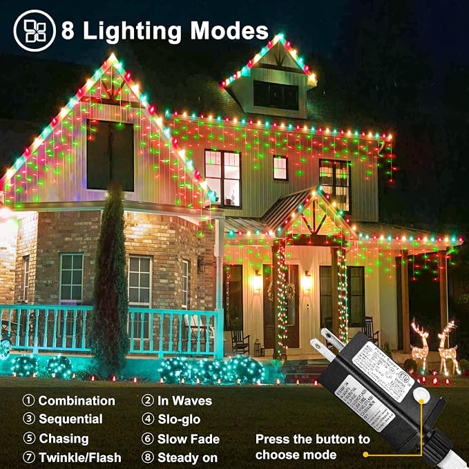 Red and Green Christmas Lights 33ft 400 LED Icicle Lights for Outside House | Connectable Twinkle String Lights with 8 Modes Timer Waterproof for Eaves Window Party Holiday Patio Yard Home Decorations