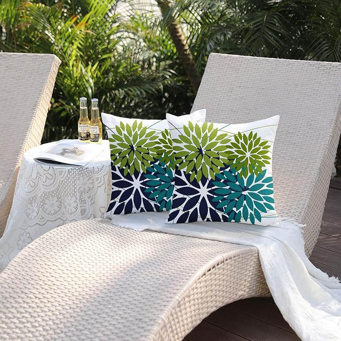 DFXSZ Pack of 2 Outdoor Waterproof Throw Pillow Covers 18x18 Green NavyBlue | Polyester Colorful Spring Summer Floral Decorative Cushion Cases(NO INSERT),For Couch Patio Funiture Garden Home Decor