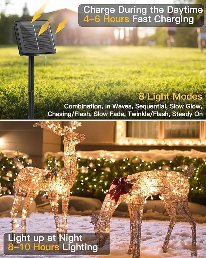 120 LED Solar Fairy Lights Outdoor Waterproof IP65, 10FT 8 Lighting Modes | Solar Christmas Lights Outdoor Waterproof Cascading Twinkle Lights Balcony Garland Patio Christmas Decorations, Warm White