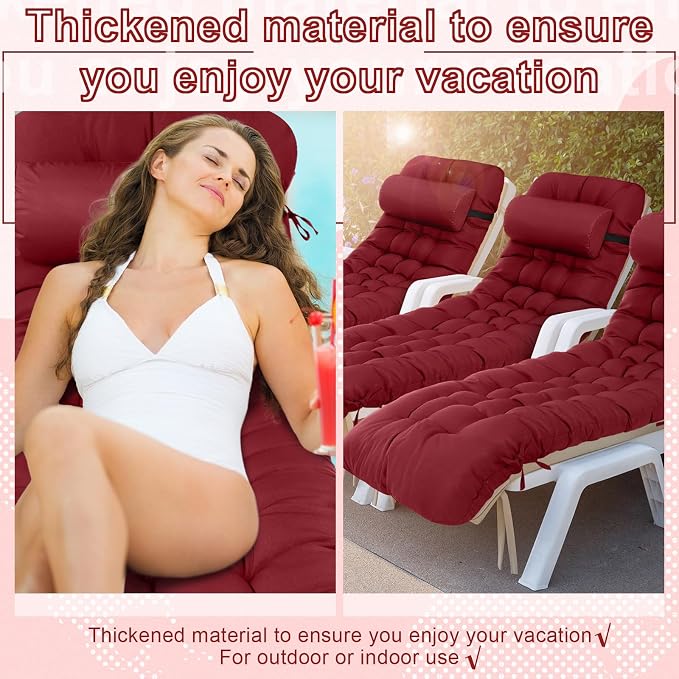 Tudomro Outdoor Chaise Lounge Cushion 66x21x4'' Waterproof & Fade-Resistant Patio Pool Chaise Lounge Cushion Headrest Pillow Tie Replacement Rocking High Back Chair(Burgundy,Set of 2)