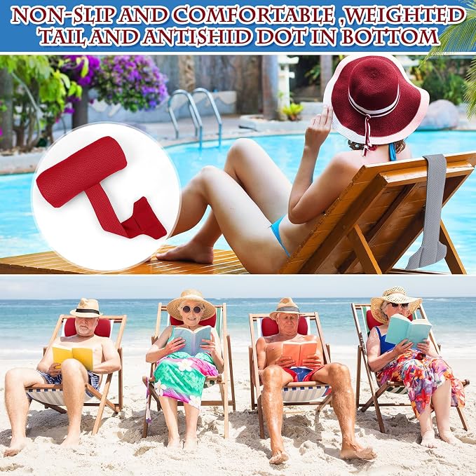 Kigley 2 Pcs Chaise Lounge Headrest Pillow for Patio Outdoor Pool Headrest Pillow Quick Drying Lounger Supplies for Adult with Non Slip Weighted Tail(Burgundy)