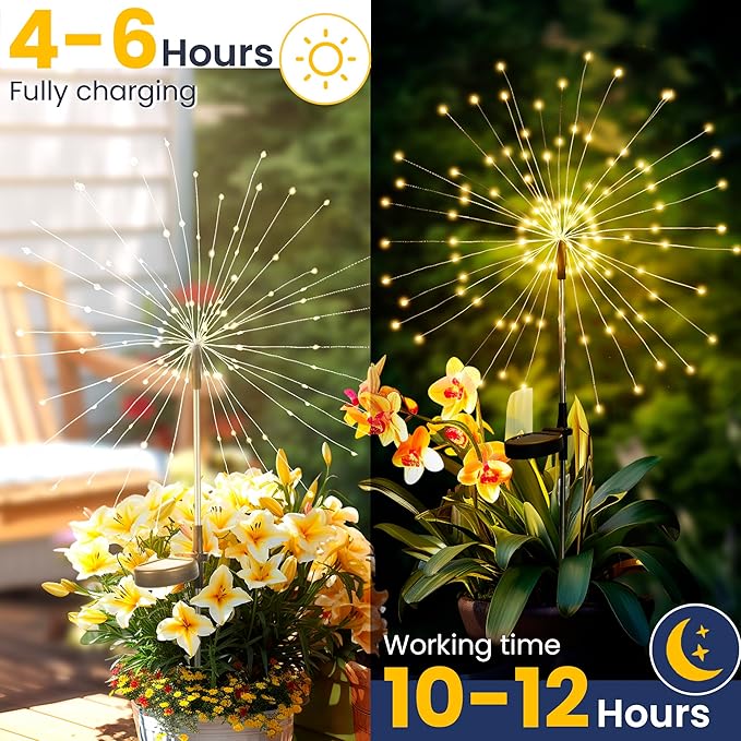 GIGALUMI 8 Pack Solar Firework Lights Outdoor, Garden Decor, Warm White | 120 LEDs, Fairy Design, Waterproof, Garden Decor, Solar Powered for Yard, Pathway, Flowerbed, Planter, Balcony, Gifts for Mom