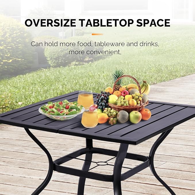 VINGLI 36" Square Patio Table for 4, Metal Outdoor Dining Table with Umbrella Hole, All-Weather Steel Patio Dining Table Outdoor Table for Lawn, Garden, Backyard, Black