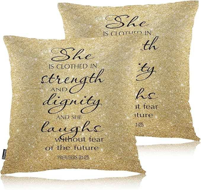 Swono Pillow Covers 18X18 Inch Set of 2 Holy Bible, Throw Pillow Cases Christian Quote Pillowcase Cushion Cover Decor for Home Sofa Bedroom, She Clothed with Strength and Dignity, Gold