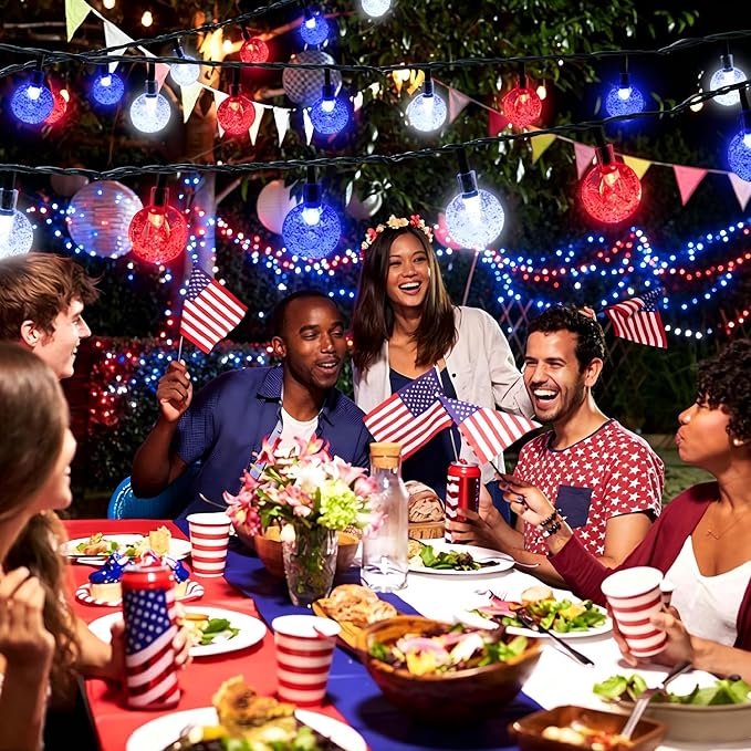 Joomer Red White Blue Solar String Lights,39FT 60LED 4th of July Decor | with 8 Lighting Modes Waterproof, Solar Powered Fairy Lights for Independence Day Yard Gazebo BBQ Patriotic Party Decorations