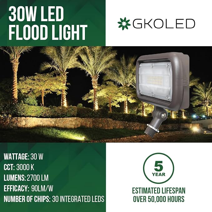 30W LED Floodlight, Outdoor Security Fixture, Waterproof, 100W PSMH Replace, 2700 Lumens, 3000K Warm White, 70CRI, 120-277V, 1/2" Adjustable Knuckle Mount, UL-Listed
