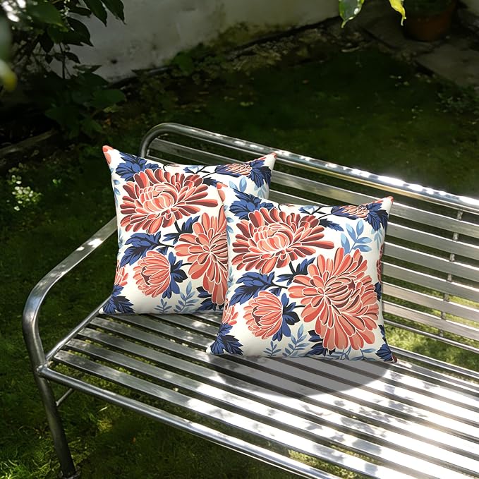 Outdoor Pillows with Insert 18x18 Inch, Waterproof Throw Pillow for Patio Furniture, Decorative Back Cushion for Garden Home Sofa Office Chair, Set of 2, Red Chrysanthemum