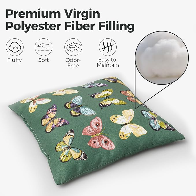 Volans 18" x 18" Outdoor Throw Pillows with Inserts Pack of 4, Water Repellent Decorative Pillows for Backyard, Bed, Couch, Sofa, and Patio Furniture, Butterfly