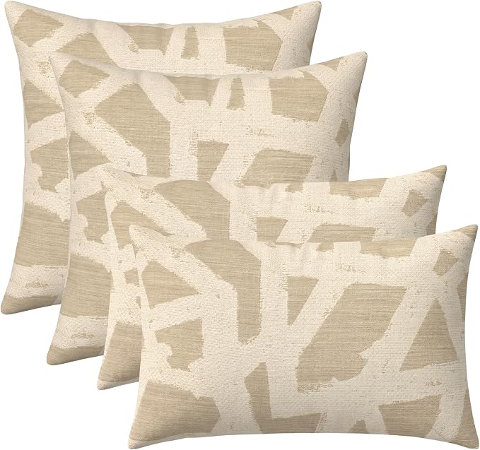 RSH DECOR: Sunbrella Lumbar & Square Pillows Set of 4 | 20" x 12" & 17" x 17" | Water and Fade-Resistant Performance Fabric | Outdoor Throw Pillows for Patio Furniture | Made in USA (Draft Parchment)