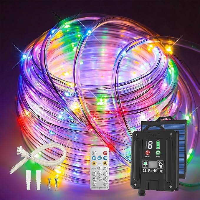 ICRGB Trampoline Lights, 66FT 200LED 1800mAh Solar Rope Lights Outdoor, IP67 Waterproof, Solar Power Outdoor Light, 8 Modes & Timer Function, Decorative for Trampoline Camping Tent Patio Porch Garden | Type C & Solar, With Remote Waterproof, 8 Modes, T...
