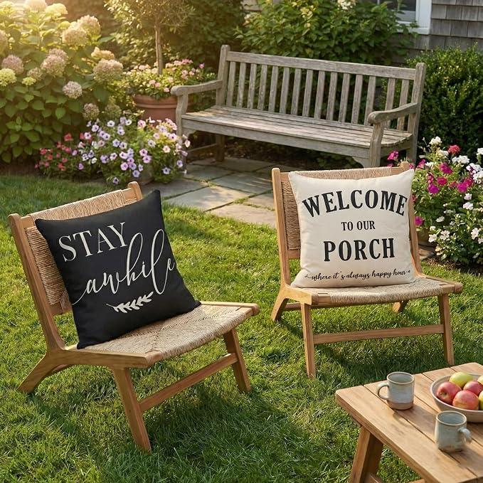 Front Porch Decor Pillow Black Outdoor Throw Pillow Covers Waterproof 18x18 | Set of 2, No Inserts, Stay Awhile Sign, Patio, Weather Resistant Outdoor Pillows, Welcome Sign for Front Porch