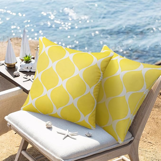 Merrycolor Outdoor Pillows Cover Waterproof Set of 2 Modern Geometric Patterns Yellow and White 18x18 Inches for Patio Furniture Couch Outdoor Throw Pillow Covers for Couch