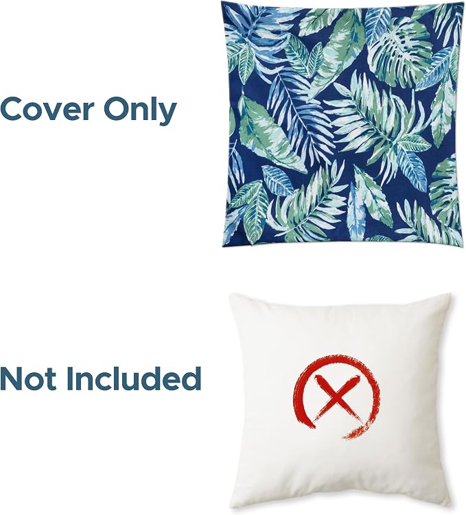 Outdoor Pillow Covers 18x18 Inch, Waterproof Throw Pillow Covers Pack of 2, Water-Resistant Decorative Pillow Case for Patio Furniture Tent Garden, Tropical Leaf, Blue Green, Cover ONLY