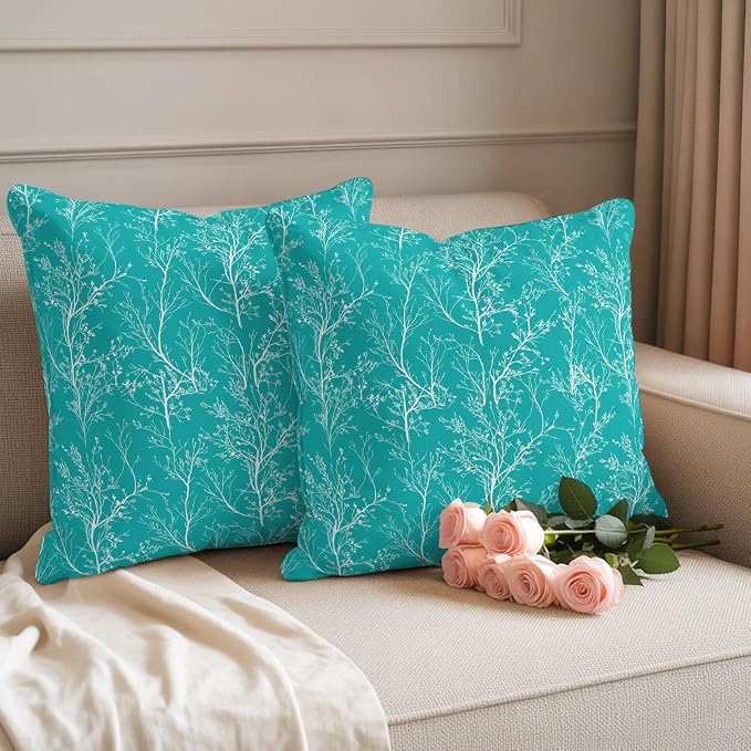Turquoise Branches Waterproof Outdoor Pillow Covers Set of 2 Home Decor, Abstract Art Leaves Plant Pillowcase Patio Pillow Covers for Couch Bench Patio Furniture Garden 24x24in
