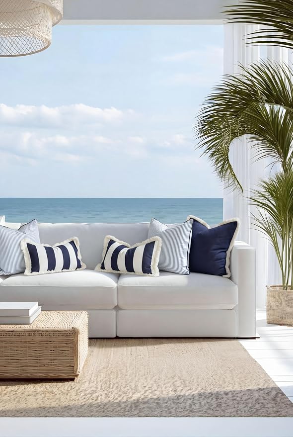 Hofdeco Premium Coastal Hampton Outdoor Performance Throw Pillow Cover Only, 22"x22" Water Repellent, UV and Fade Resistant for Backyard, Couch, Poolside, Indigo Blue Woven Solid
