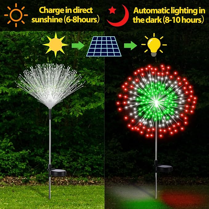 Tujoe Halloween Decoration Outdoor 4 Pack Solar Firework Light with 180 LED Halloween Solar Lights 8 Lighting Modes for Yard Garden Pathway Party Decoration(Red, White, Green)