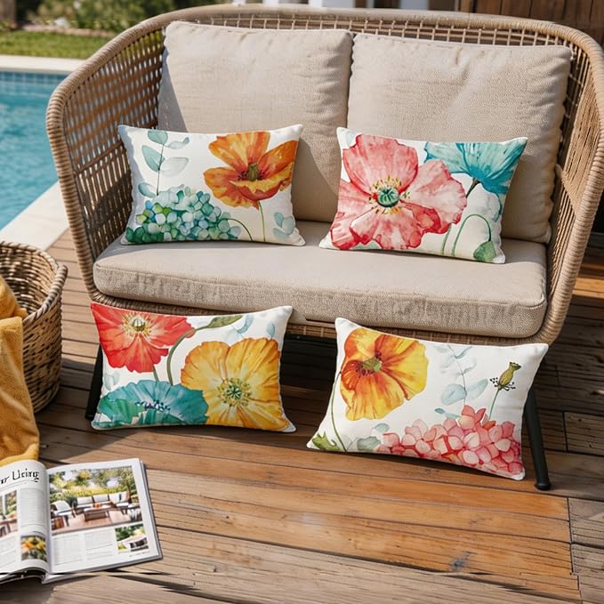 Floral Outdoor Lumbar Throw Pillow Covers Waterproof 12x20, Hydrangea Decor | Lotus Flower Decor, Waterproof, Hydrangea Pillow Covers, Set of 4, Outdoor Lumbar Pillows for Garden Porch Patio Furniture