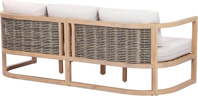 Merax 4 Piece Rattan Woven Paito Conversation Set, All-Weather Acacia Wood 3 Seater Sofa,2 Club Armchairs with Cushions, 1 Coffee Table for Porch, Lawn, Backyard, Balcony, Light Teak