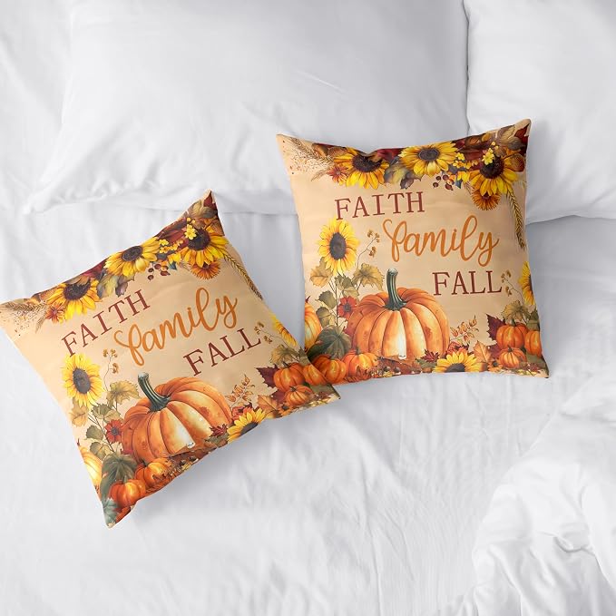 Fall Pillow Covers Pumpkin Sunflower Throw Pillow Covers Autumn Thanksgiving Harvest Pillow Case 24x24 Set of 2 Double Sided Printing Cushion Case for Couch Sofa