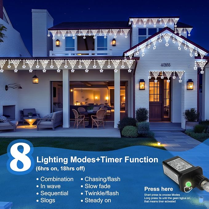 Christmas Lights Outdoor, 218 LED 13.8ft 8 Modes Curtain String Lights with 12 Drops Star, Plug-in Christmas Icicle Lights for Wedding, Party, Eaves, Xmas Yard Decorations - White