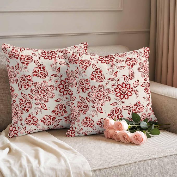 Abstract Paisley Pattern Outdoor Pillow Covers Set of 2 Retro Ethnic Red Flower Waterproof Throw Pillow Cover Decorative Cushion Cases for Patio Porch Garden 24X24 Inch