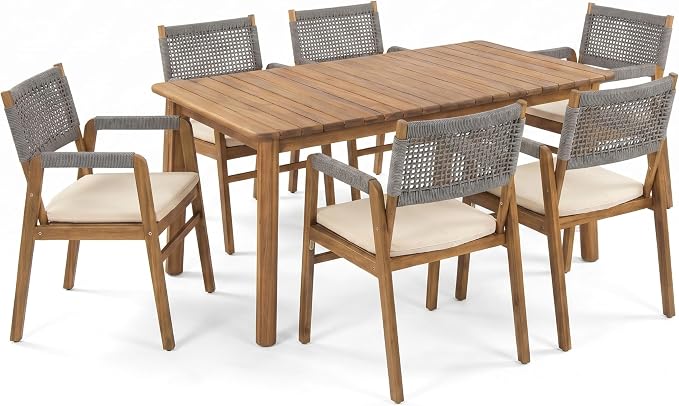 Christopher Knight Home Sky Acacia Wood Dining Table Set for 6, 7 Piece Patio Extendable Dining Table and Dining Chairs Set of 6 with Cushions & Rope Accents, Patio Furniture Set, Teak+Beige+Grey