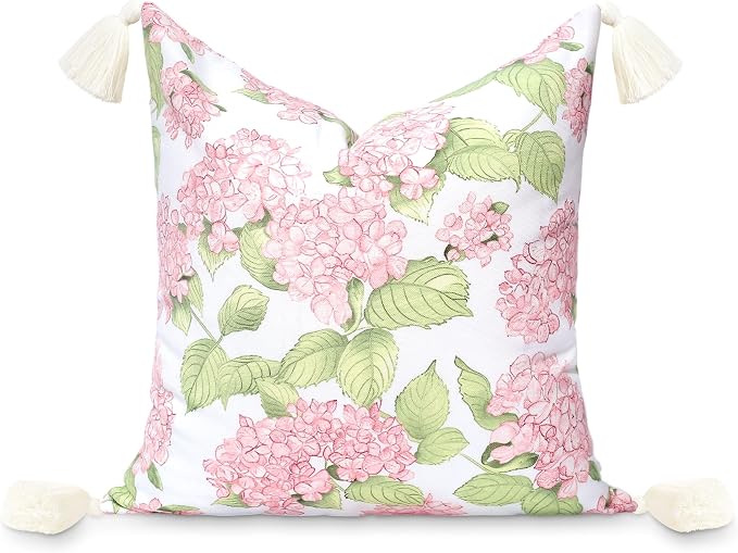 Hofdeco Premium Coastal Patio Indoor Outdoor Throw Pillow Cover Only, 18"x18" Water Repellent for Backyard, Couch, Blush Pink Green Print Sketch Hydrangea Flower