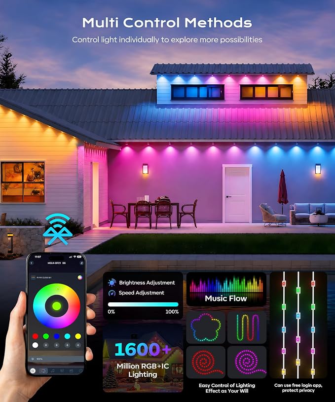 Permanent Outdoor Lights for House, 50ft Christmas RGB+IC Lights | 16 Million Colors & 50 Scene Modes, App/Remote Control, DIY Music Sync, Holiday Party Halloween Decor